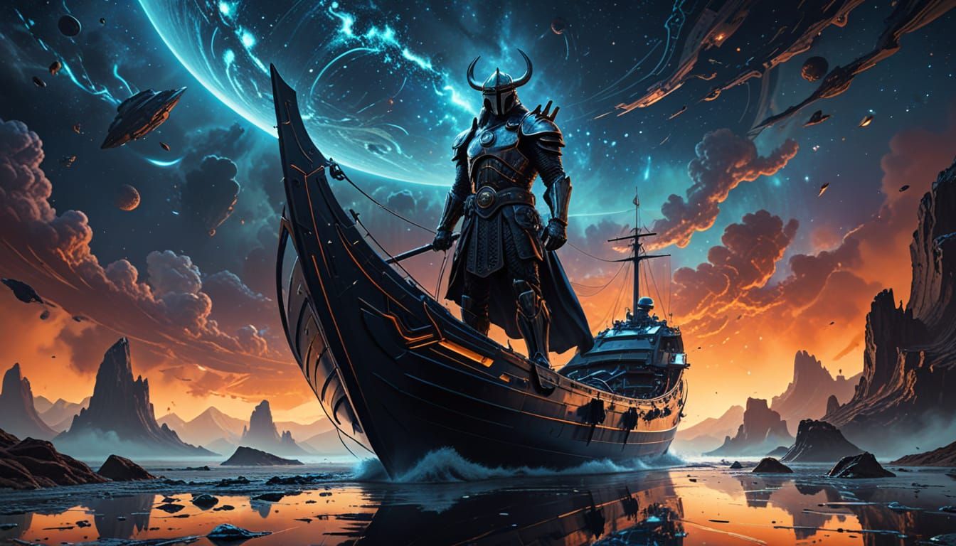 Futuristic Viking Longship Sailing Through Starry Space
