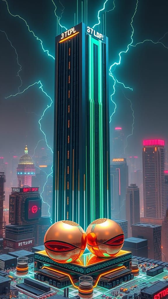 Art Deco CPU Skyscraper with Flowing Electricity