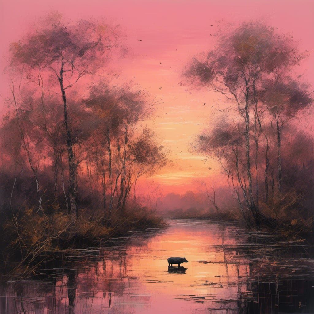 Pig Walks Mangrove at Dusk in Hyperrealism
