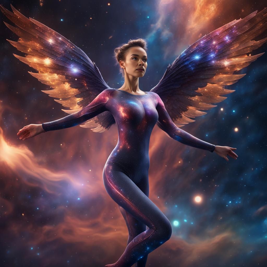 Winged Woman in Galaxy: Detailed Fantasy Art