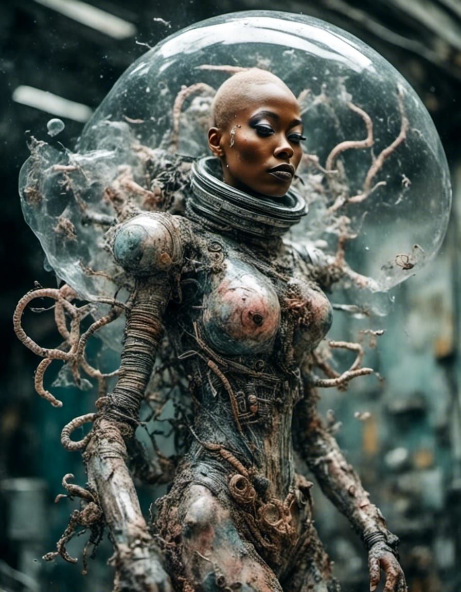 <lora:Igor the Magnificent:1.0> <lora:Gonzo Bugs:1.0> Bald nigerian woman photorealistic clear liquid spacesuit lovecraf...