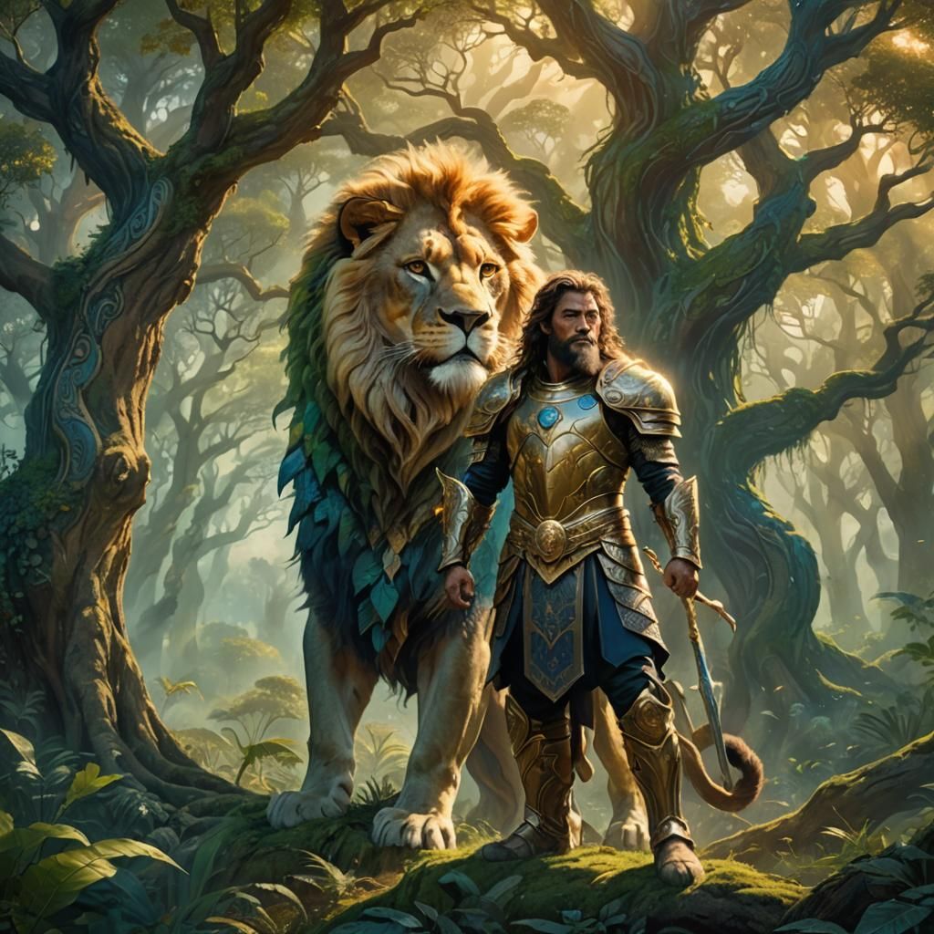 Mystical Forest: Warrior and Lion Entwined