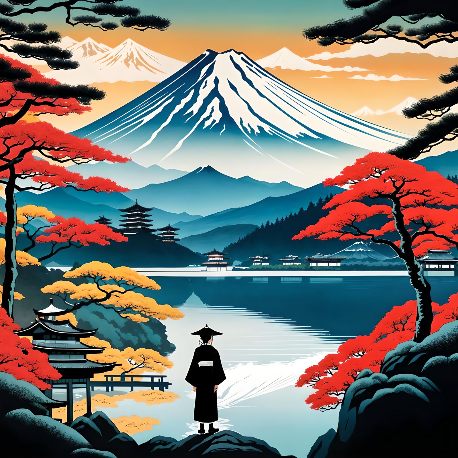 Mount Fuji Landscape in Ukiyo-e Style
