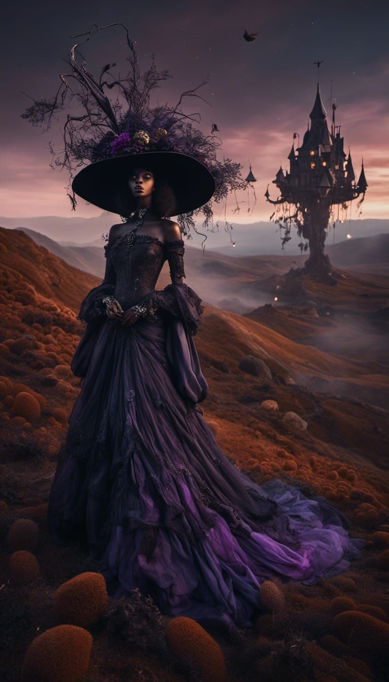 <lora:Ethnic Fantasy:1.0> Eine Hexe mit lila stiefeln und li...