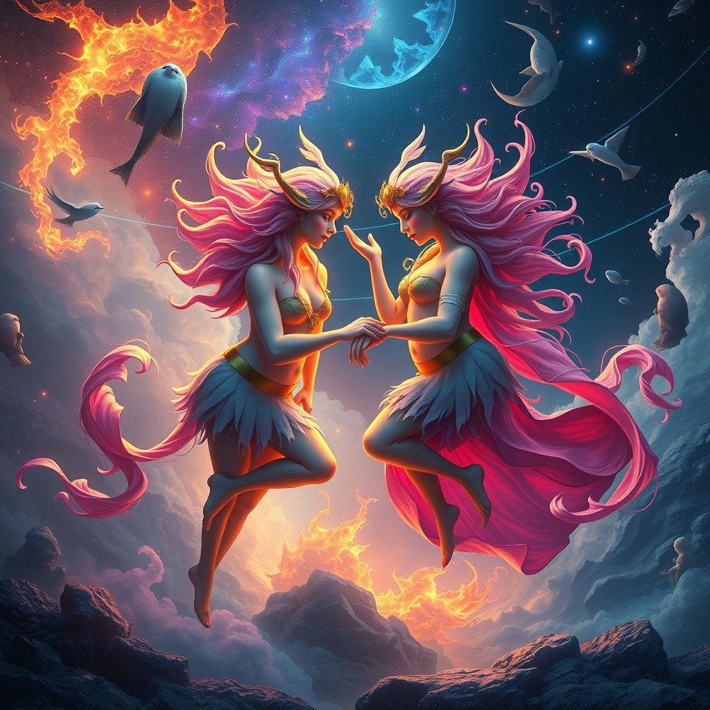 Mystical Gemini Zodiac Sign in Dreamlike Fantasy Art