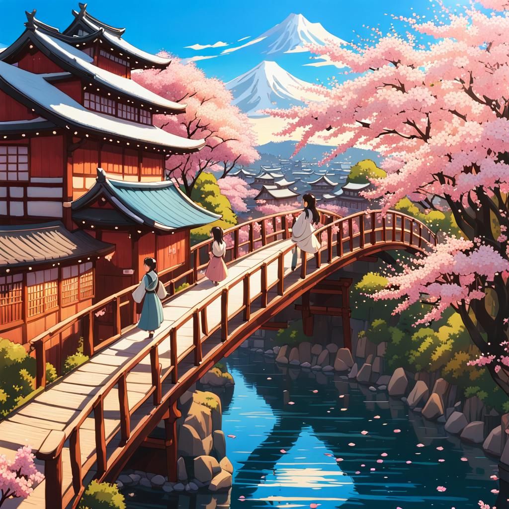 Crowded Bridge in Feudal Japan, Ghibli Style