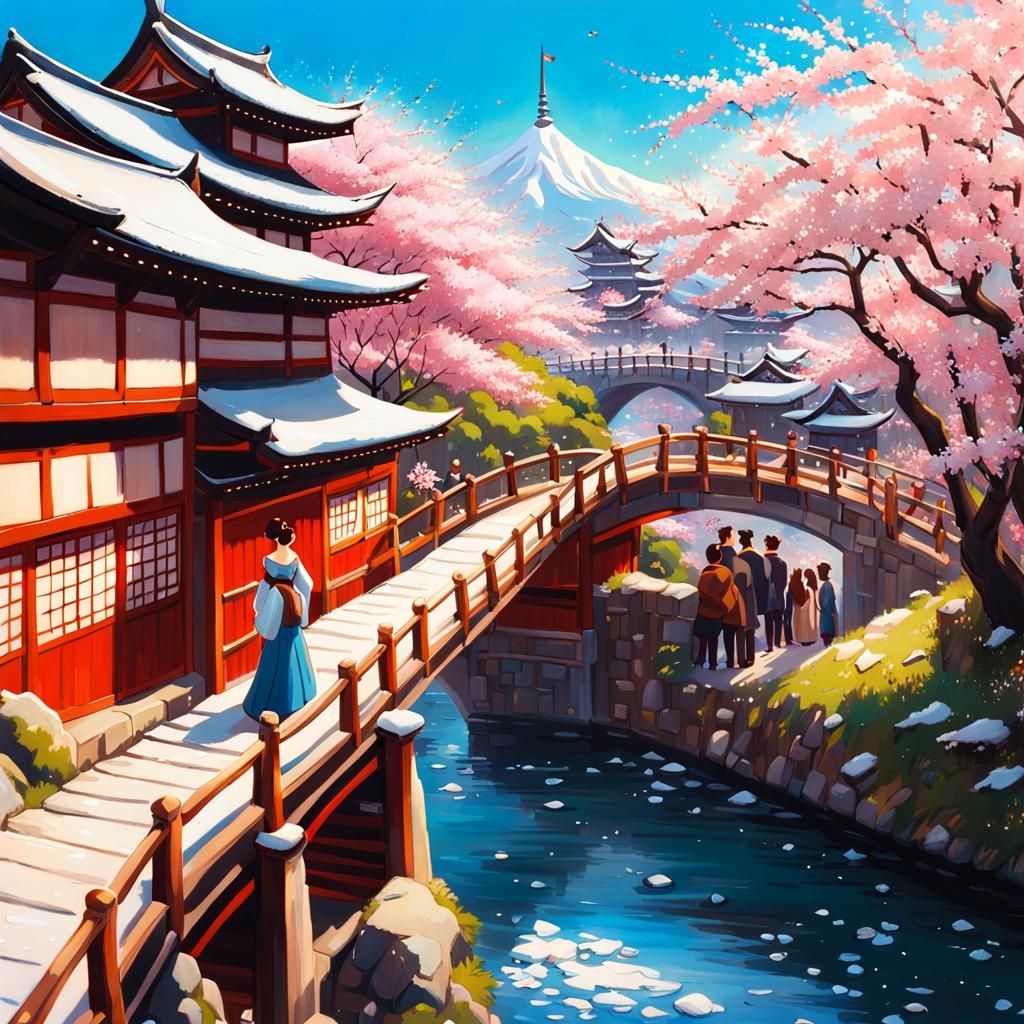 Crowded Bridge in Feudal Japan: Ghibli-Style