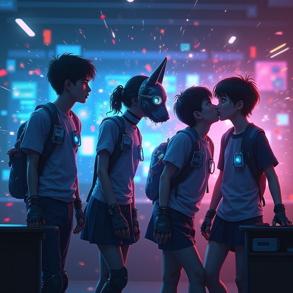 Cyberpunk Classroom Scene with Teenagers in High-Tech School...