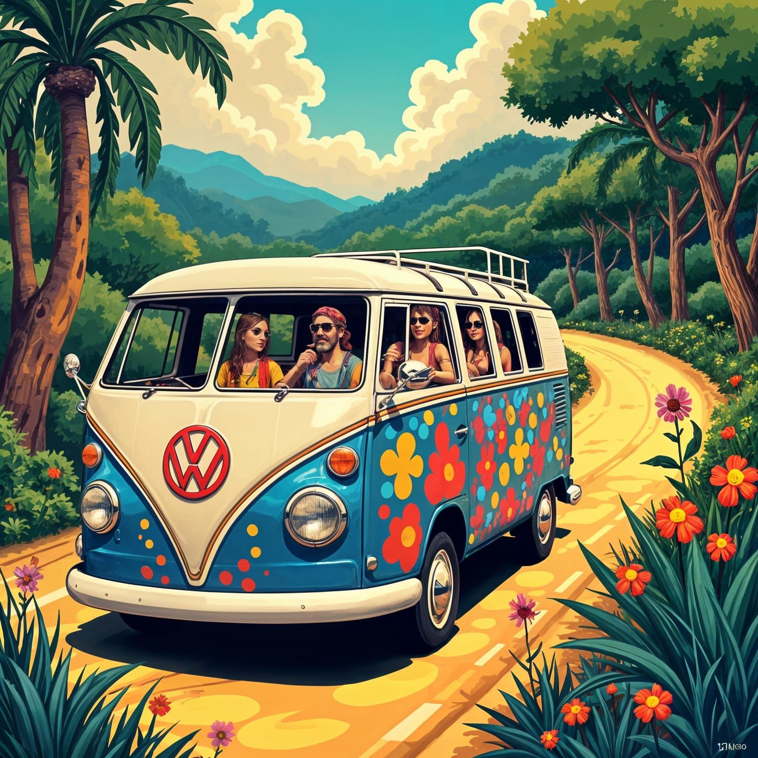 Psychedelic VW Bus Cruises Through a Vibrant Woodland
