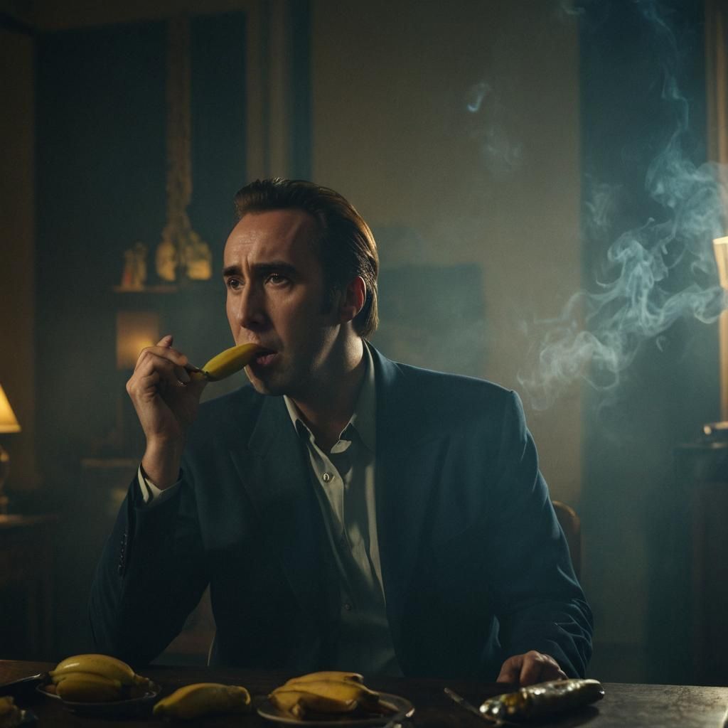 Nicolas Cage Banana Film Still in Noir Style