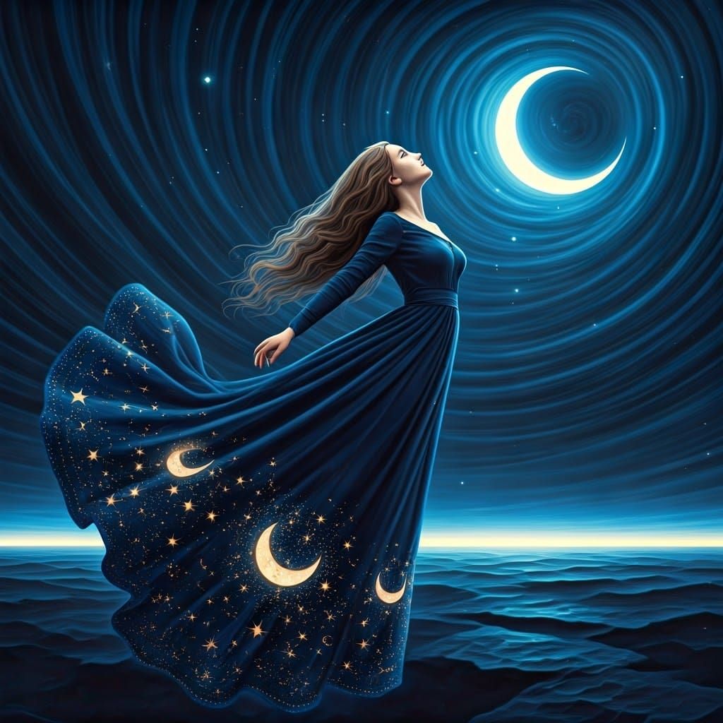 Woman Flies Through Stardust Sky in Surrealist Style