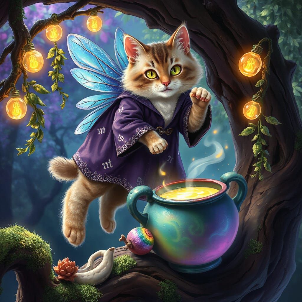 Cat Fairy Brewing Magic Potion on Gnarled Oak