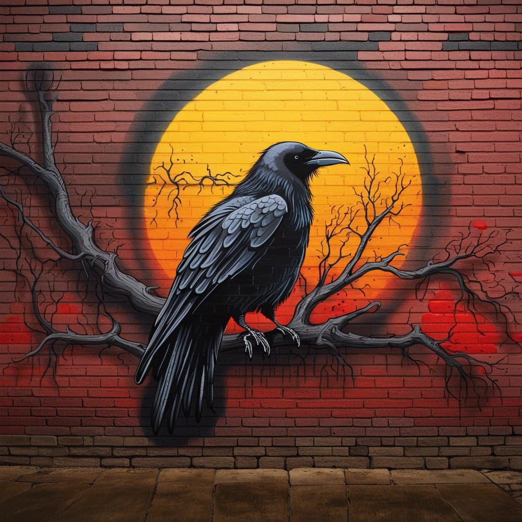 Majestic Crow Street Art on Brick Wall