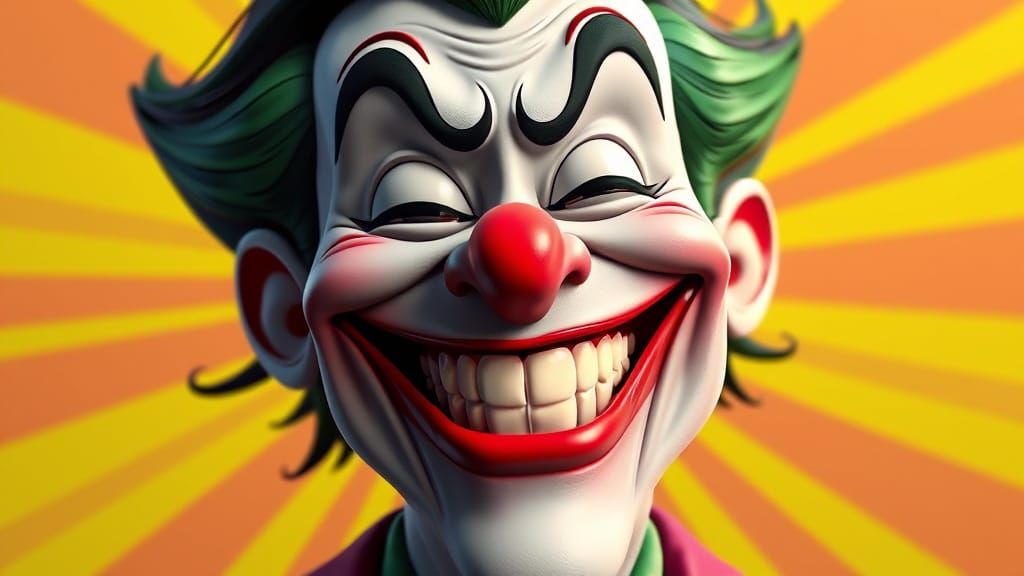 Cartoon illustration of a full portrait of a 1950s evil Joker laughing