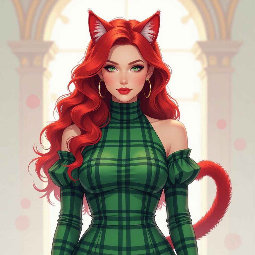 Red Haired Woman in Green Plaid Gown, Watercolor Style