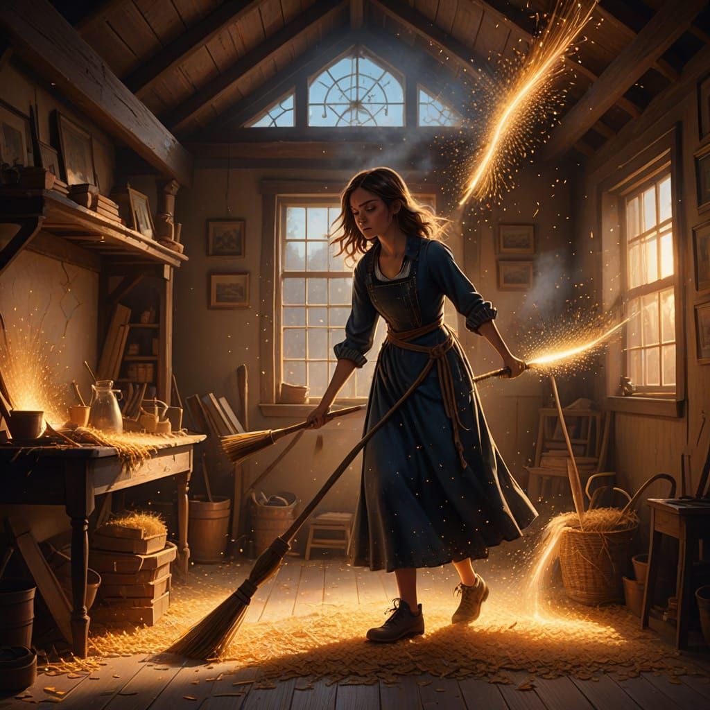Young Woman Sweeping Attic with Sparking Broom in Fantasy Ar...