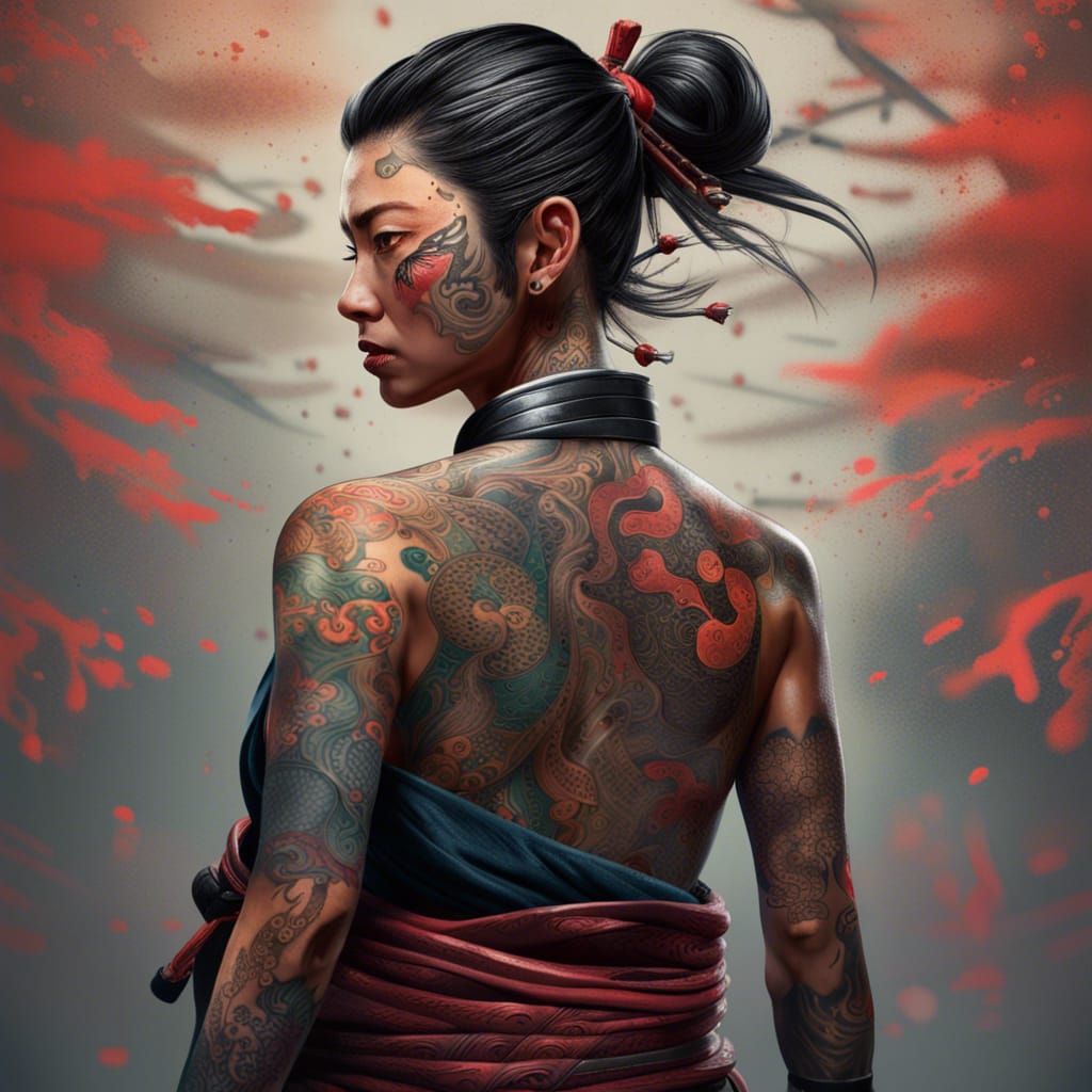 Tattooed Samurai Woman: Hyperrealistic Splash Art