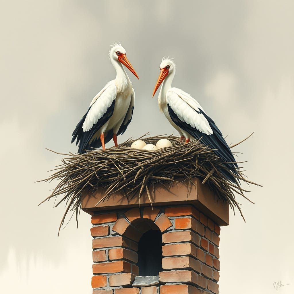 Storks on Alsatian Chimney in Intricate Watercolor Gouache S...