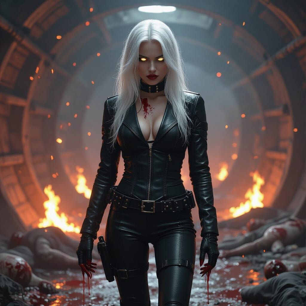 Vampire Woman in Burning Facility, Gritty Art Style