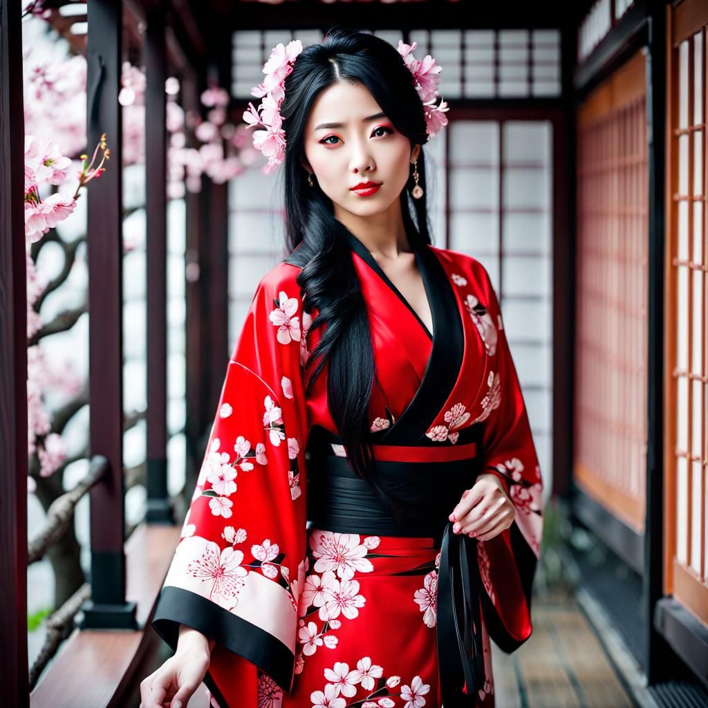 Cute Japanese Girl in Kimono with Cherry Blossoms