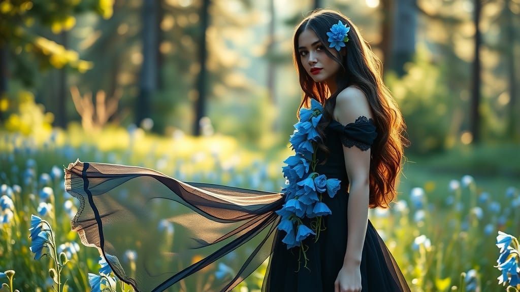 Goth Girl in Flowing Dress with Blue Cornflowers