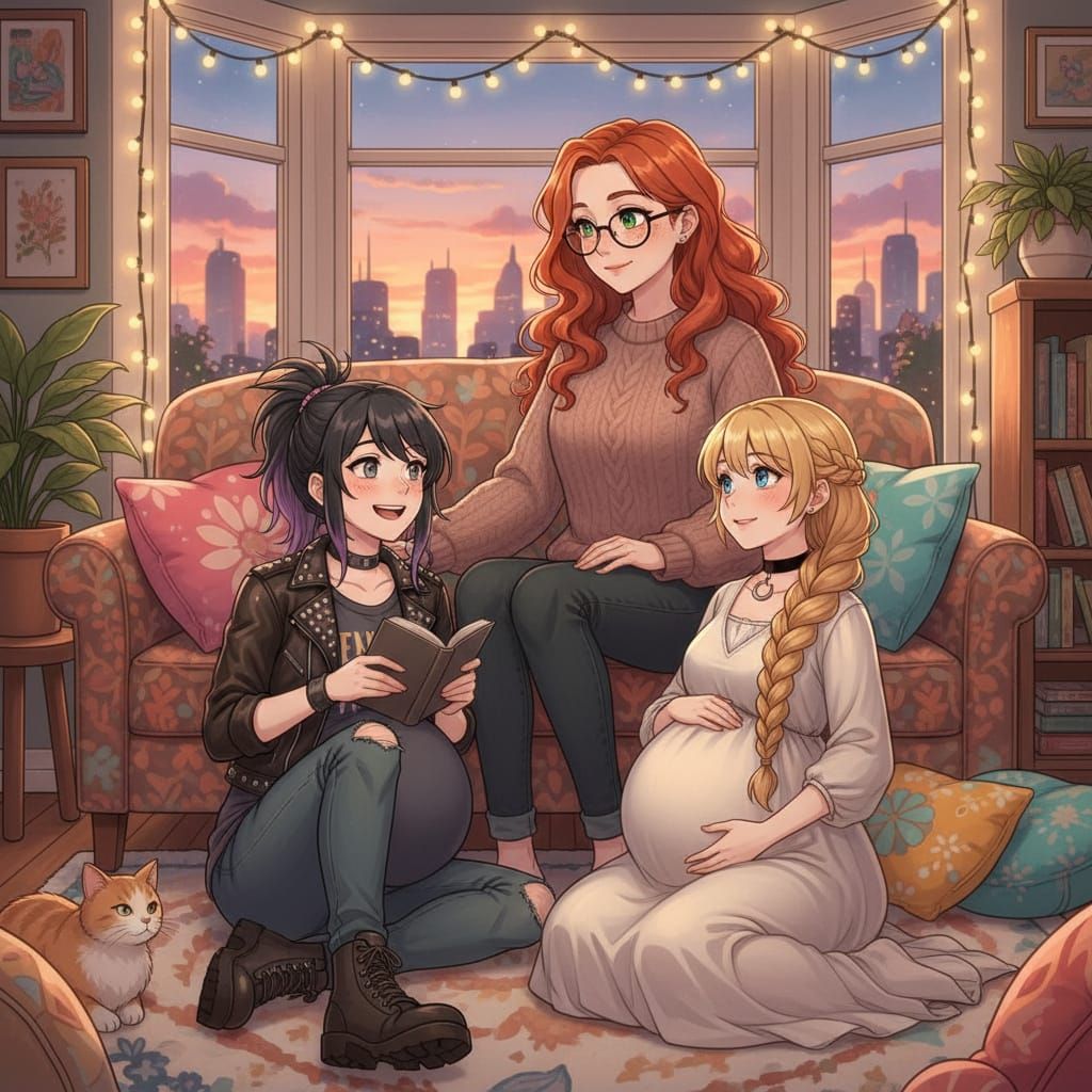 Anime Style Portrait: Red-Haired Woman with Pregnant Wives
