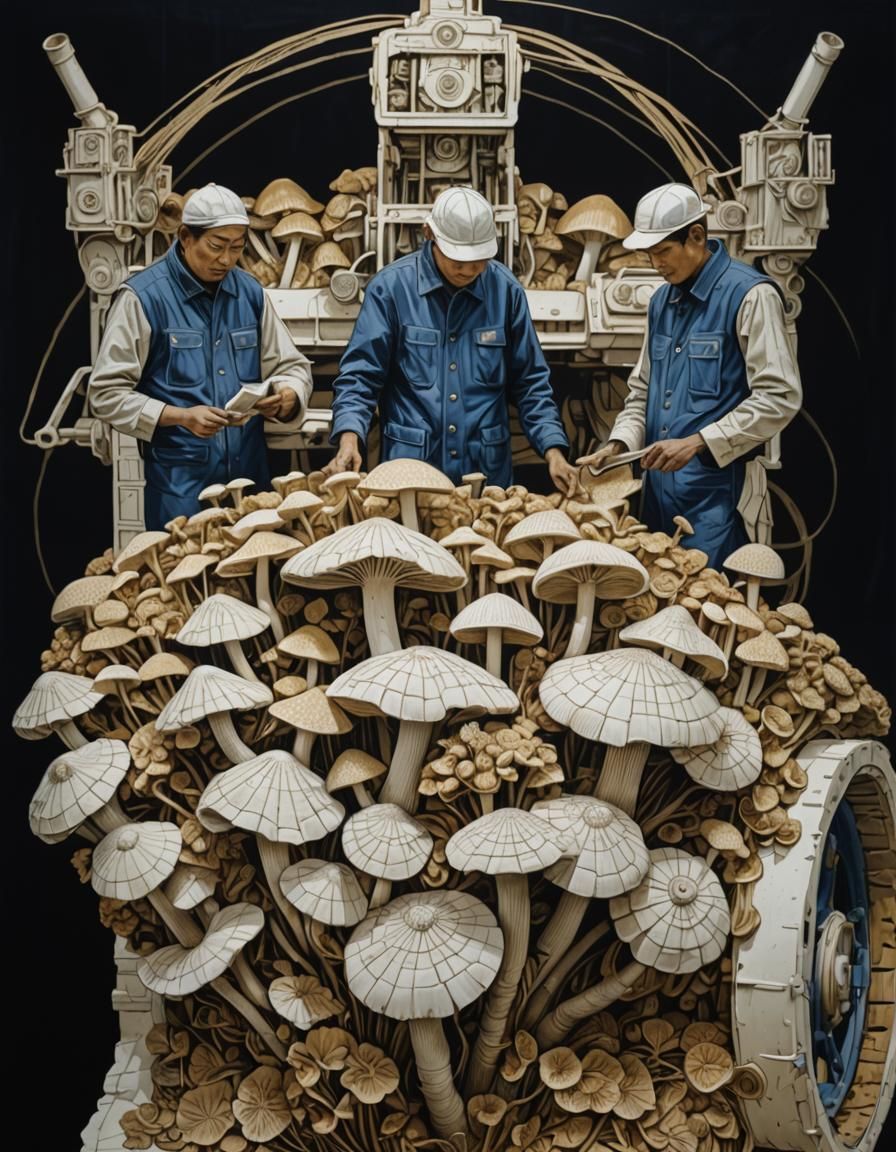 Linocut Print: Porcelain Workers and Giant Mushrooms