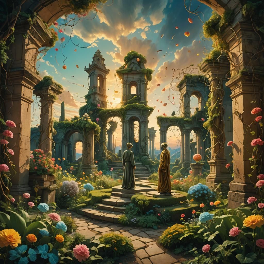 Surreal Garden Scene with Ancient Ruins