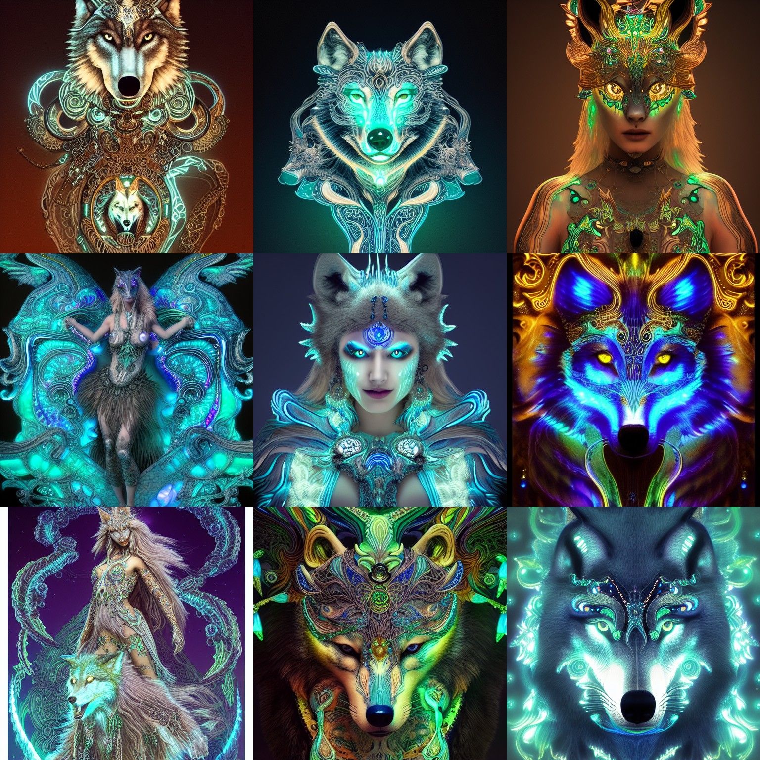 Luminescent Wolf Goddess Dancing at Night