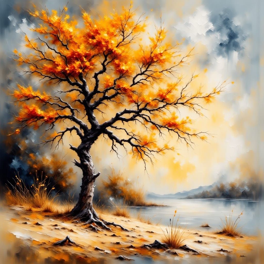 <lora:Smokey grunge:1.0> A barren tree standing alone on a l...