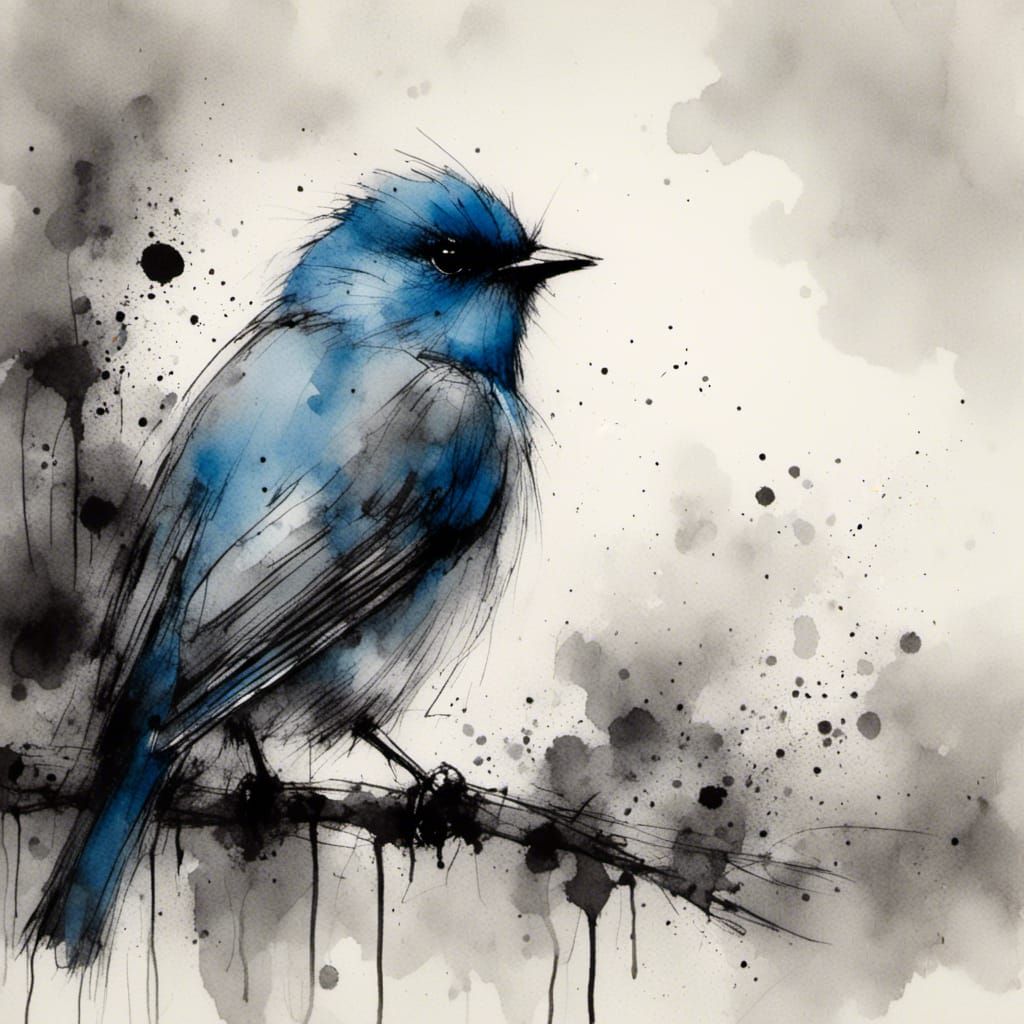 Bluebird on Branch in Charcoal and Ink Style