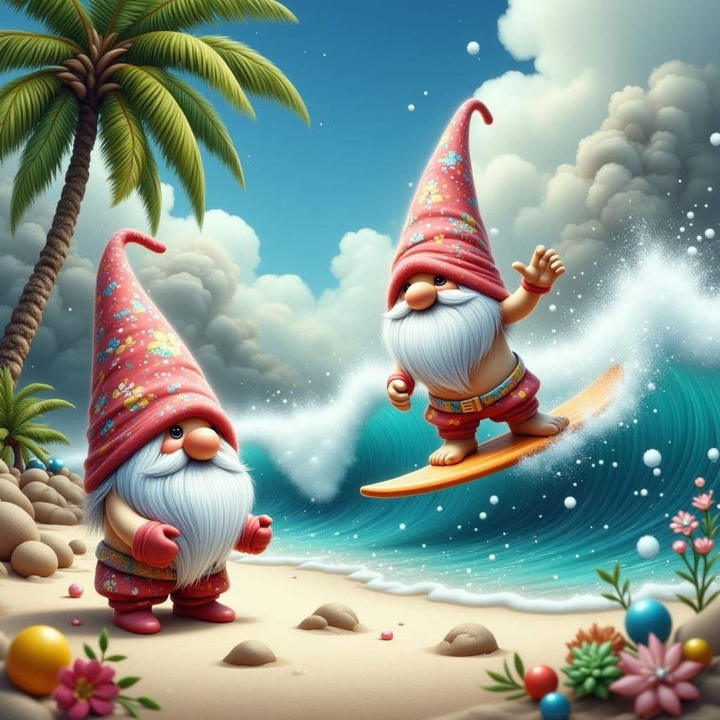 Whimsical Winter Wonderland on Tropical Beach with Gnomes an...