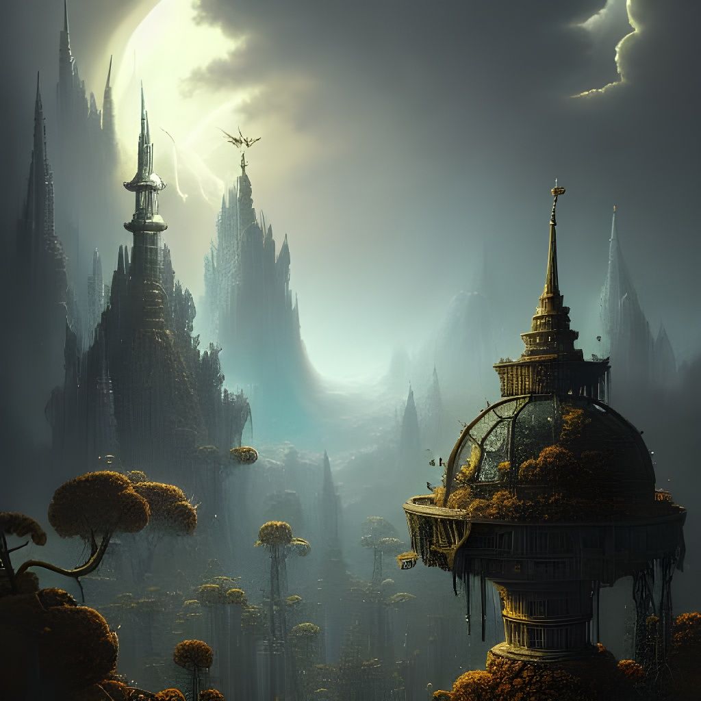 Dark Fantasy Robots Overtake Earth: Detailed Illustration