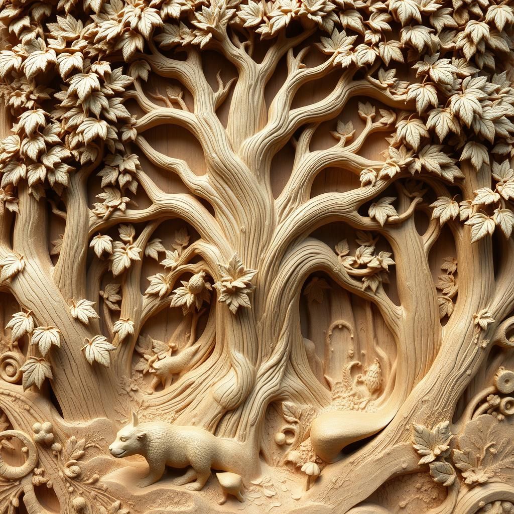 Majestic Tree Carving of a Magical Forest