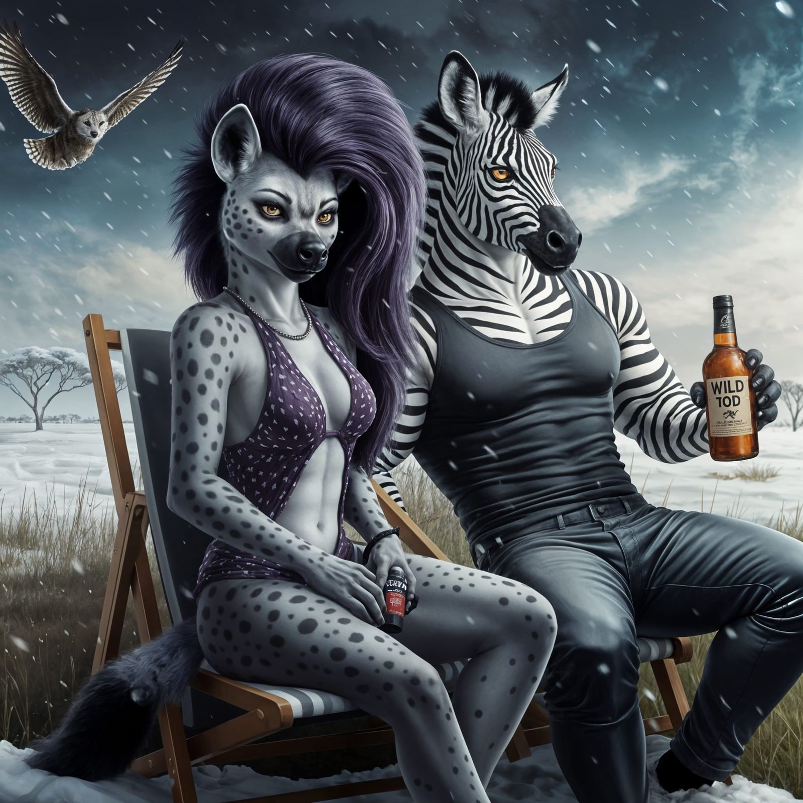 Winter Savanna: Hyena and Zebra in Surreal Scene