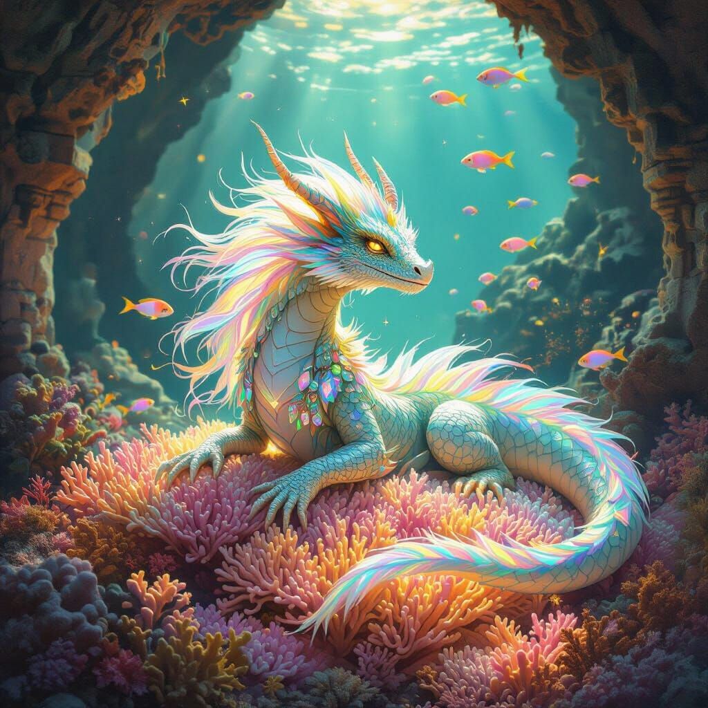 Bioluminescent Water Dragon in Art Nouveau Style