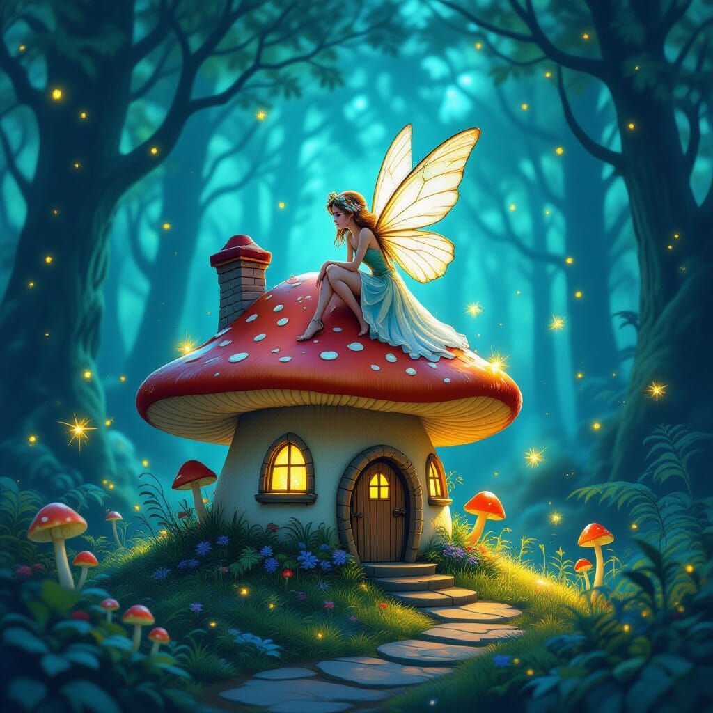 Fairy Mushroom House in Bioluminescent Forest