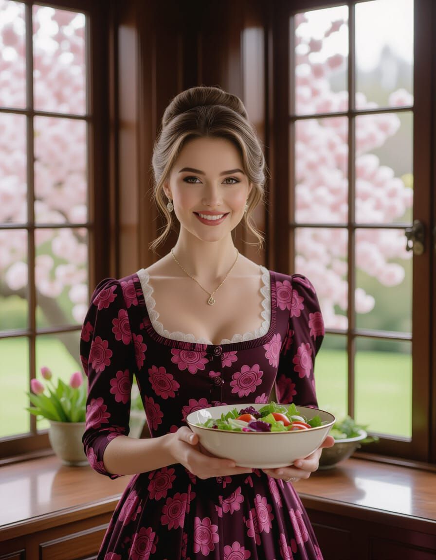 Victorian Woman Smiles in Elegant Kitchen with Salad