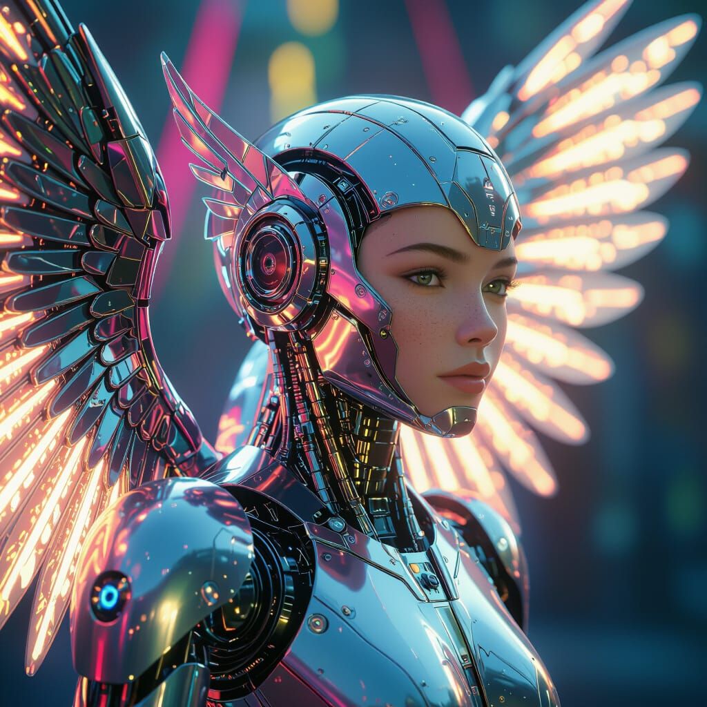Hyperrealistic Angelic Robot with Metallic Wings