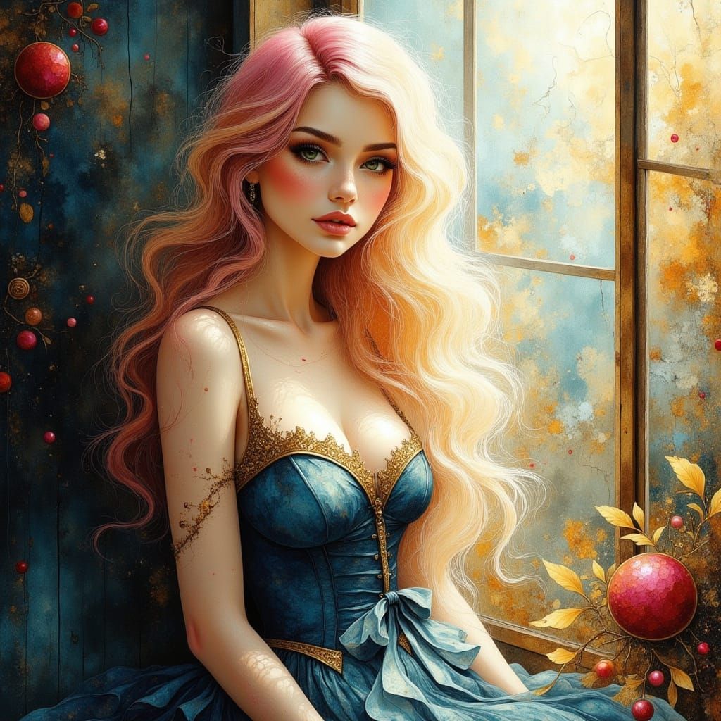 Stunning Woman with Blonde-Pink Hair in Corset Dress