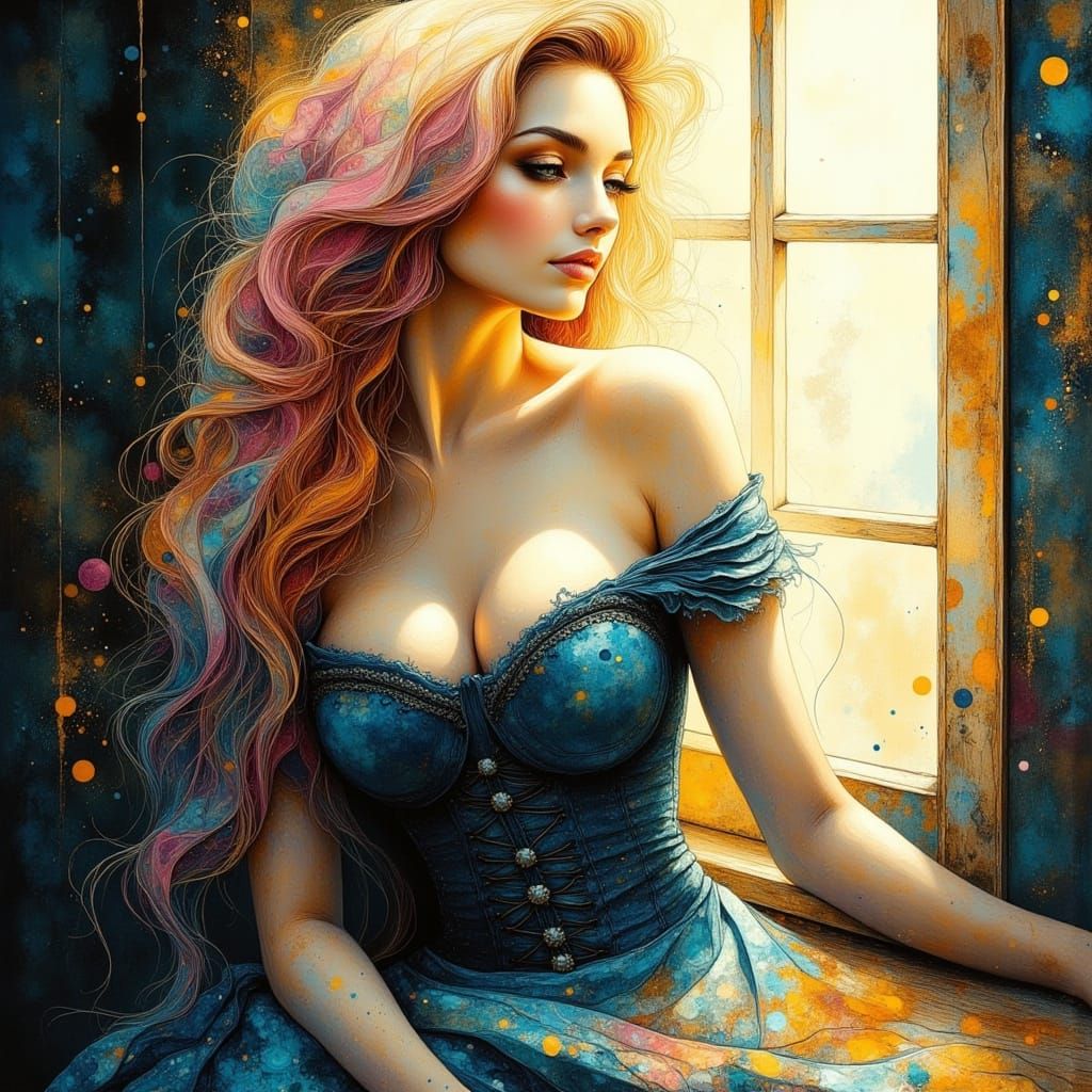 Stunning Woman with Blonde-Pink Hair in Corset Dress