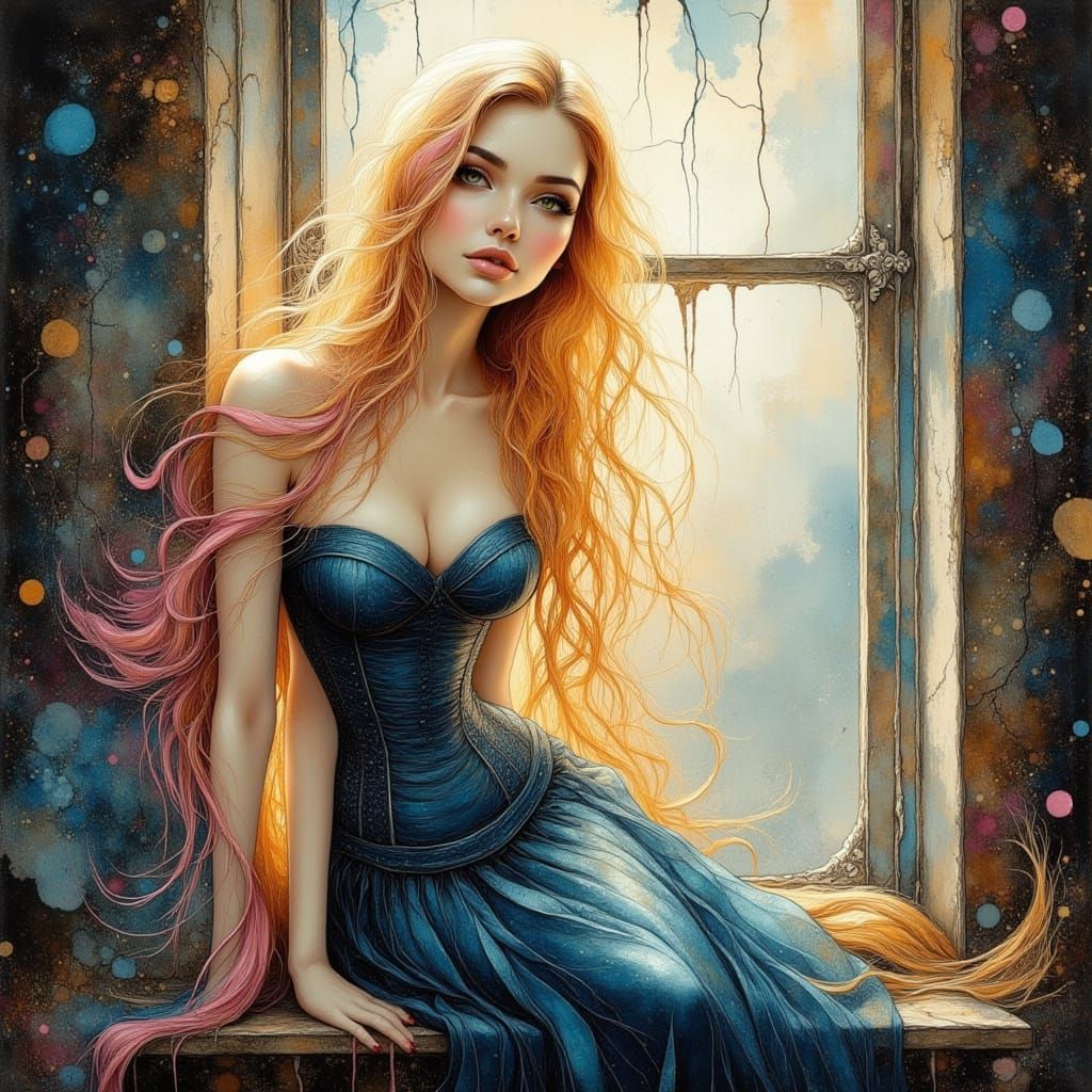 Stunning Blonde-Pink Haired Woman in Corset Dress