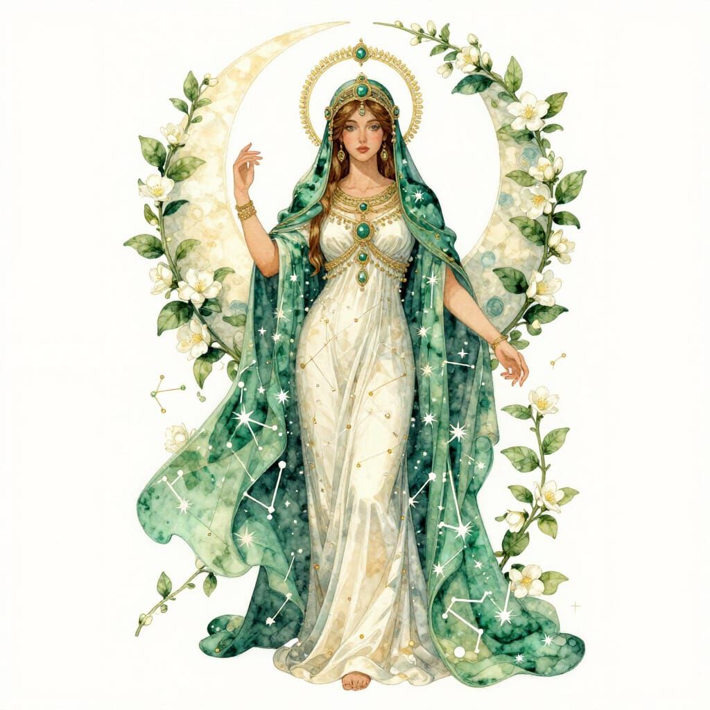 Persian Moon Priestess in Emerald and Ivory