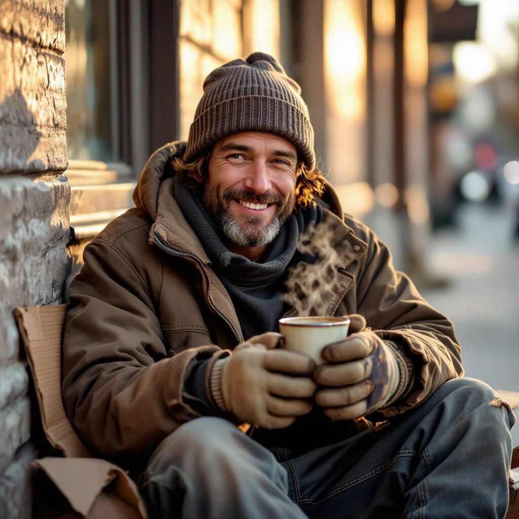 Homeless Person Finds Contentment with Warm Coffee