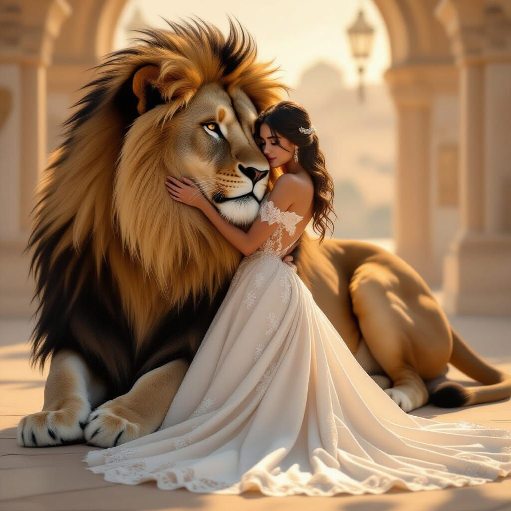 Woman Embraces Lion in Realistic Digital Art Style