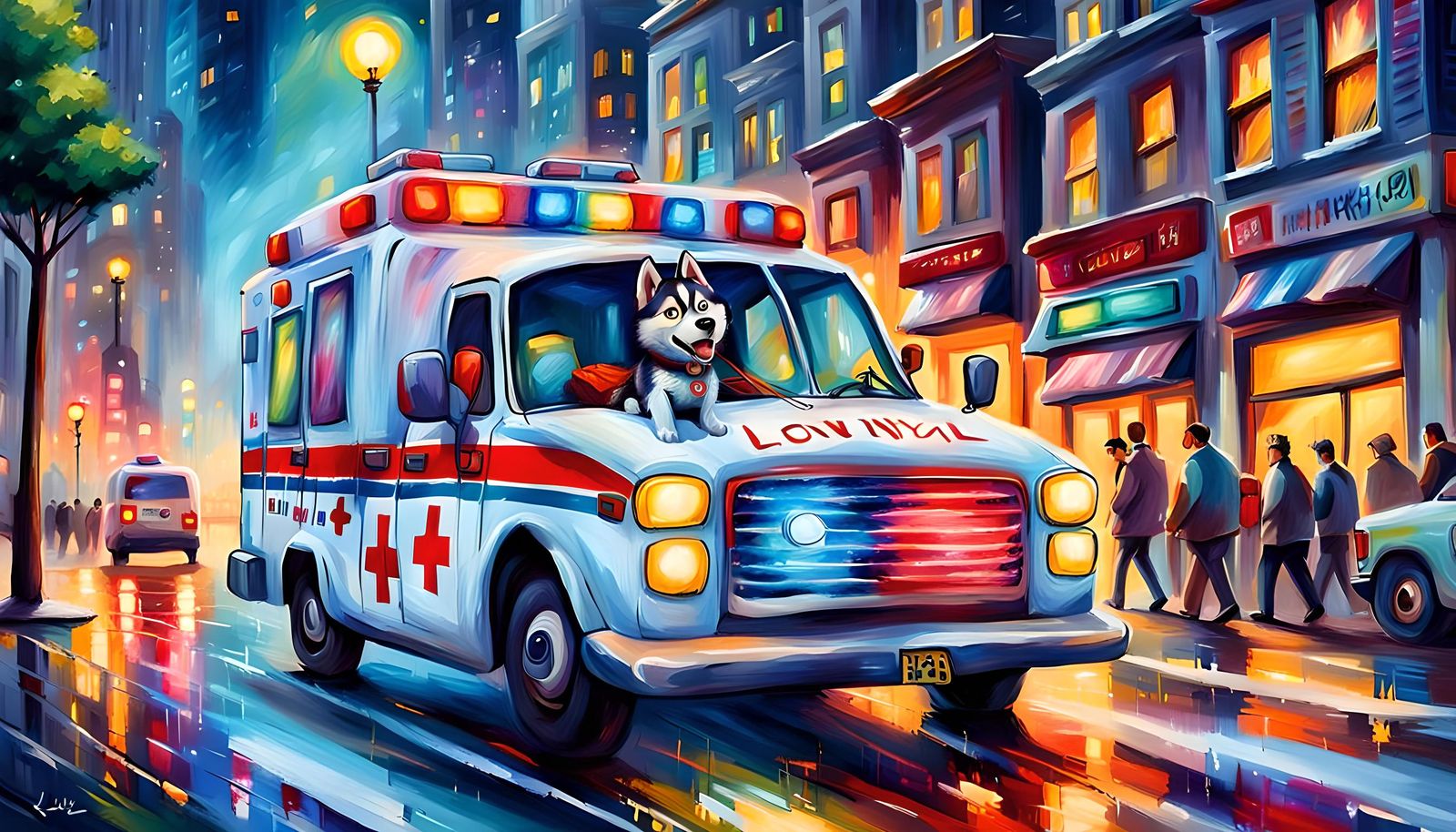 Anthropomorphic Husky Paramedic in Cityscape, Digital Art