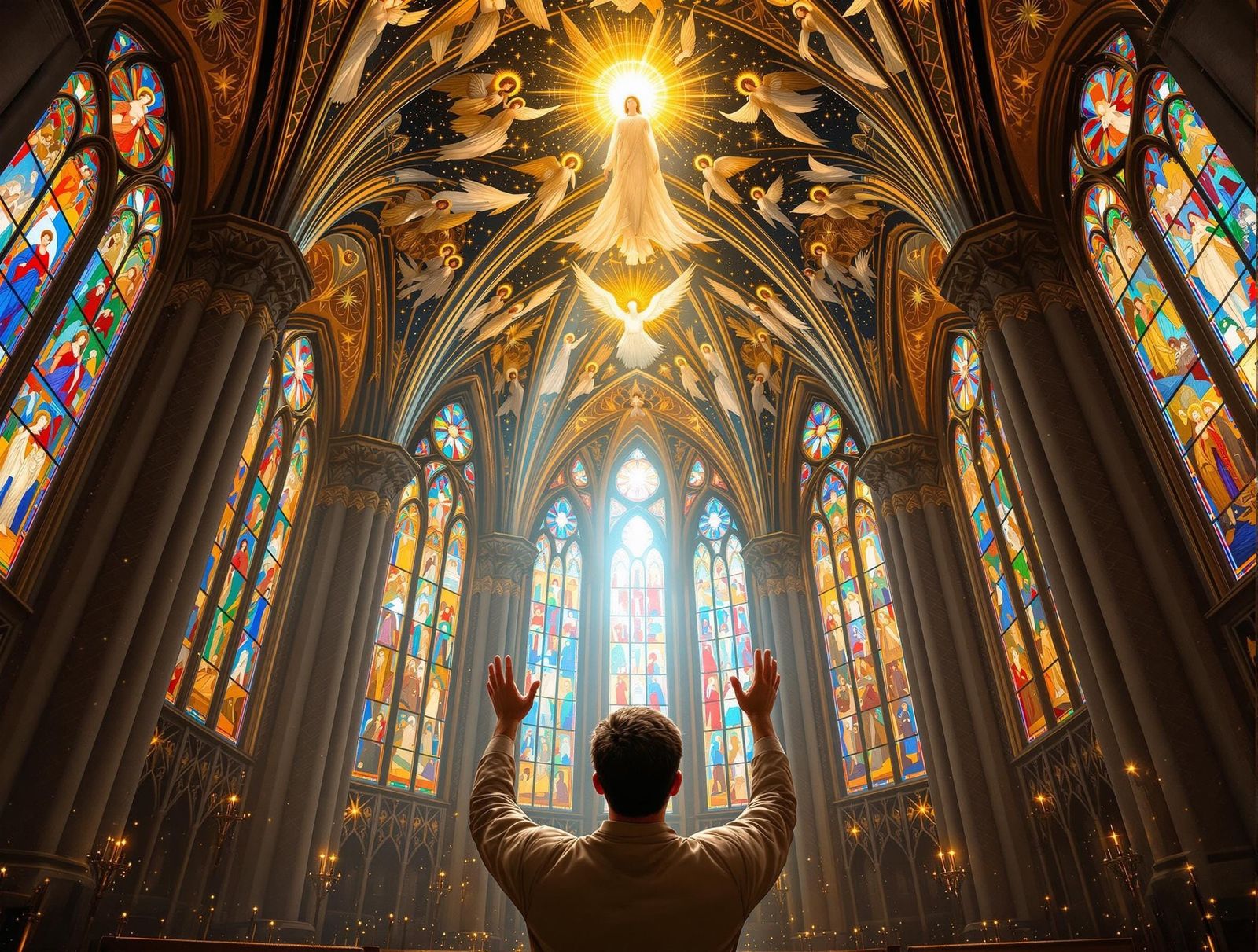 Majestic Gothic Church Scene with Angelic Frescoes