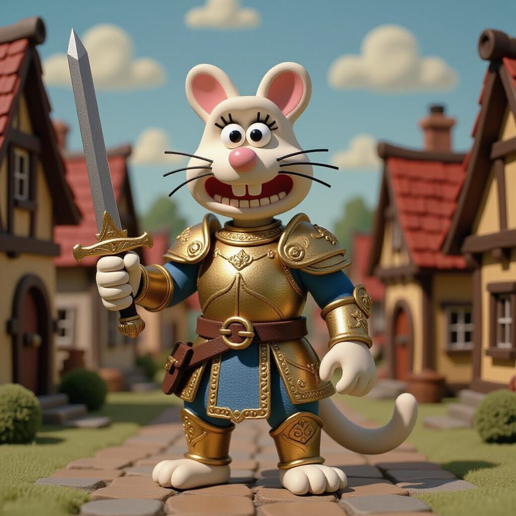 Claymation Cat Warrior in Medieval Village