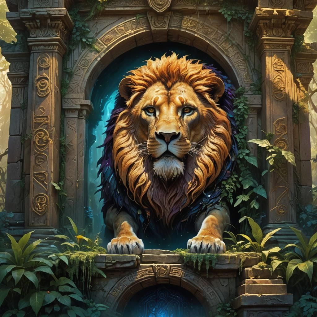 Lion Guardian Emerging from Ancient Temple Portal