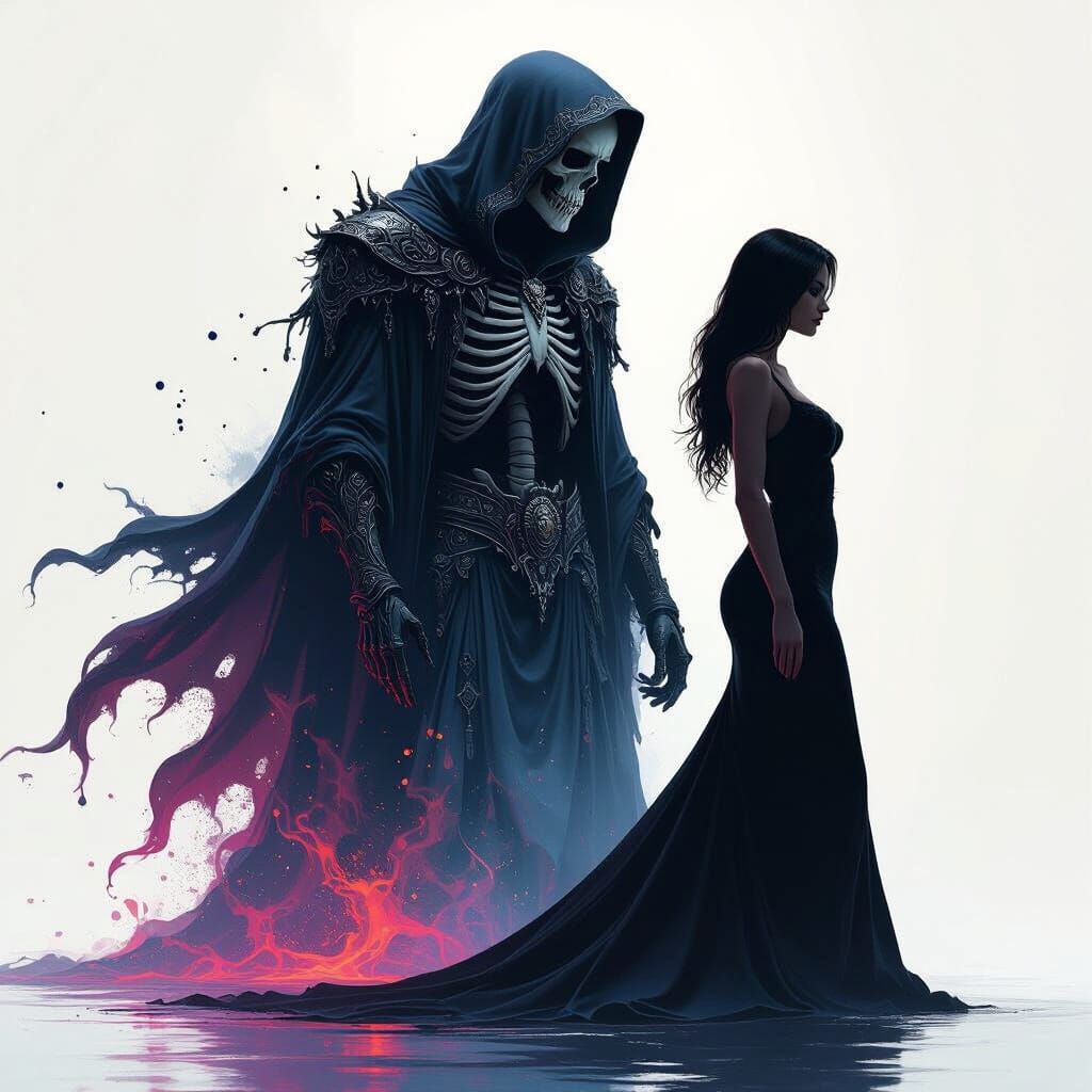 Death Behind Woman Silhouette in Hyperrealistic Splash Art